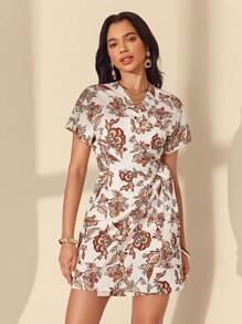 SHEIN Unity 女士 V 领系腰花卉长裙 - 黑色 - 查看 5