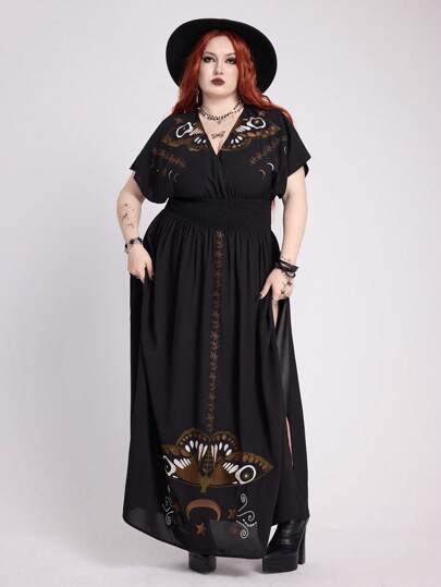 Goth Vestido con abertura alta bordado con luna y polilla, estilo gótico, para playa, de talla grande para mujer, de verano