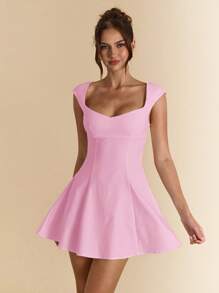 SHEIN BAE 纯色白色方领露背泡泡袖连衣裙，优雅女士夏季迷你连衣裙，适合约会之夜、伴娘和正式场合，春夏季