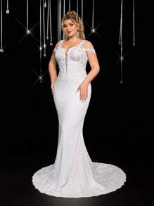 Glamrae Váy cưới ren chắp vá sang trọng cổ chữ V màu trắng lãng mạn cỡ lớn thêu hạt sang trọng eo xuyên thấu tôn dáng thon thả tinh tế 3D đính kết đuôi cá viền đuôi dài mới lạ, thích hợp cho bãi biển, bãi cỏ, nhà thờ, lễ cưới trong nhà - trắng - Xem 6