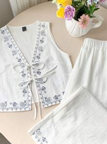 Comfortcana Summer Bohemian White Woven Print 2-Piece Outfit ,2 Piece Cotton Sets Women ,Summer Pants Sets