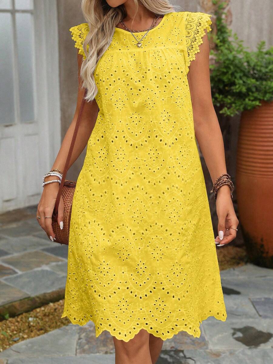 SHEIN Tall Women Crochet Embroidered Mini Ruffled Sleeve Lace Decor Vacation Beach Dress (Random Embroidery) - Yellow - View 1