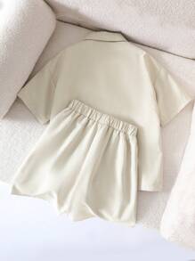 2 件套男童梭织短袖衬衫和短裤，韩版时尚休闲套装 - 杏色 - 查看 3