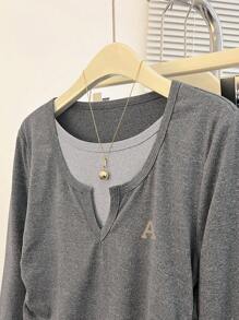 SHEIN EZwear 女士纯色块字母印花长袖休闲 T 恤