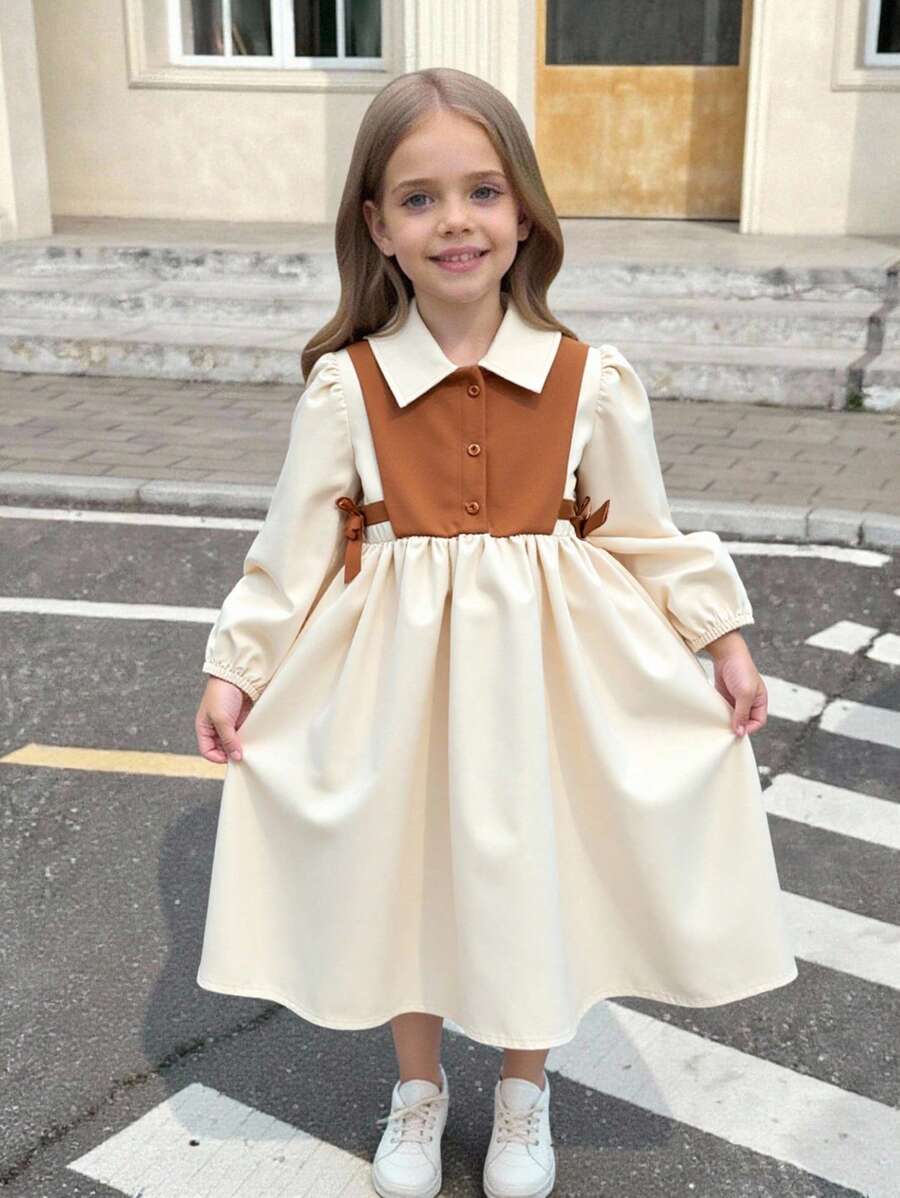 SHEIN Leap Crew Mädchenkleid im Sommer-Patchwork-Stil mit Prinzessin-Ärmeln, Kurzarm, Hemdkragen, geeignet für Outdoor-Treffen, Urlaub und andere Anlässe - Weiss - Übersicht 1