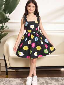 SHEIN Tween Girls  Summer Elegant Floral Print Ribbon Bowknot Waist Frill Hem Ruffle Trim Cami Dress,Summer Dress - Black - View 8