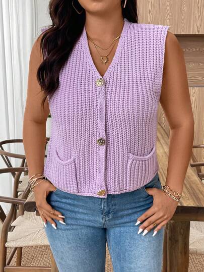 SHEIN LUNE Plus Size Women Summer Solid Color Loose Knitted Vest With Dual Pockets