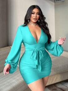 SHEIN LUNE Plus Size Women Red Ruched Tie Front Lantern Sleeve Bodycon Dress, Valentines Day - Blue - View 2