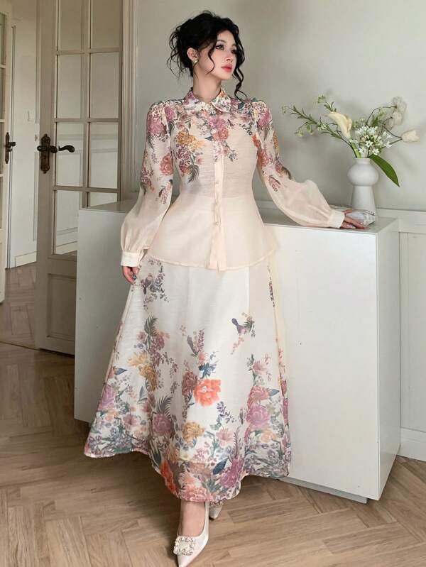 DAZY Conjunto elegante de 2 piezas con vestido camisero, cárdigan y falda con estampado floral delicado, apropiado para fiesta, boda, oficina y vacaciones, para primavera, verano y otoño