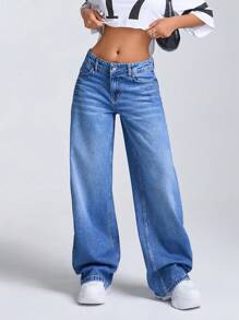 EURMUSE 低腰中度水洗阔腿牛仔裤 - 中等水洗藍 - 查看 3