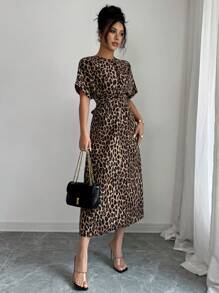 Elenzga Women's Round Neck Raglan Sleeve Waist Tie Cinched Waist Elegant Design Back To School Teacher's Day Thanksgiving Outfit Halloween Street Style Maxi Leopard Print Dress - Khaki - View 5