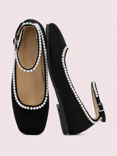 CUCCOO DOLLMOD Women's Fashionable Black Cute Pearl Flat Shoes