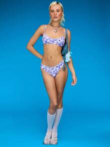 COUREZ Áo bra cổ tròn in hoa kèm quần bikini/Bộ đồ hè cho nữ, đồ bơi đi nghỉ mát, phong cách vintage Y2K. - Màu tím - Xem 2