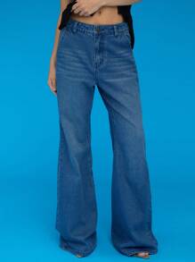 COUREZ 低腰修身喇叭裤，后袋设计，蓝色水洗/Y2K风格夏季女装下装，低腰牛仔裤，复古棉质 - 中等水洗藍 - 查看 4