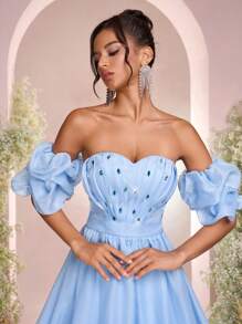 Glamrae Vestido longo formal feminino elegante e luxuoso, feito à mão, em organza azul claro com brilho, busto de diamantes e design de coração, manga bufante