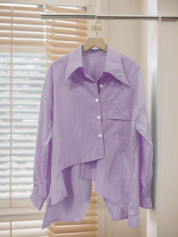 SHEIN EZwear 大码女式休闲纯色不对称下摆衬衫 - 紫色 - 查看 1