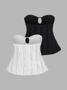 Sweetra 2pcs Textured Fabric Bandeau Top With Pleated Tie Details, Black & White Set