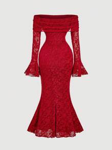 SHEIN MOD 女士露肩长袖前系带修身连衣裙，红色美人鱼蕾丝连衣裙，S码女装，派对礼服，情人节婚礼宾客正式礼服，婚礼宾客礼服 - 酒紅色 - 查看 2