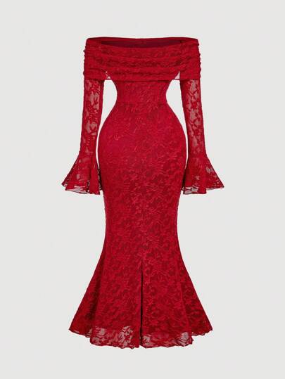 SHEIN MOD فستان نسائي ضيق الجسم بأكمام طويلة وربطة أمامية على الكتف، فستان أحمر بتصميم ذيل السمكة مطرز بالدانتيل، فستان نسائي مقاس S، فستان حفلة، فساتين رسمية لحفلات عيد الحب لضيوف الزفاف، فستان لضيوف الزفاف