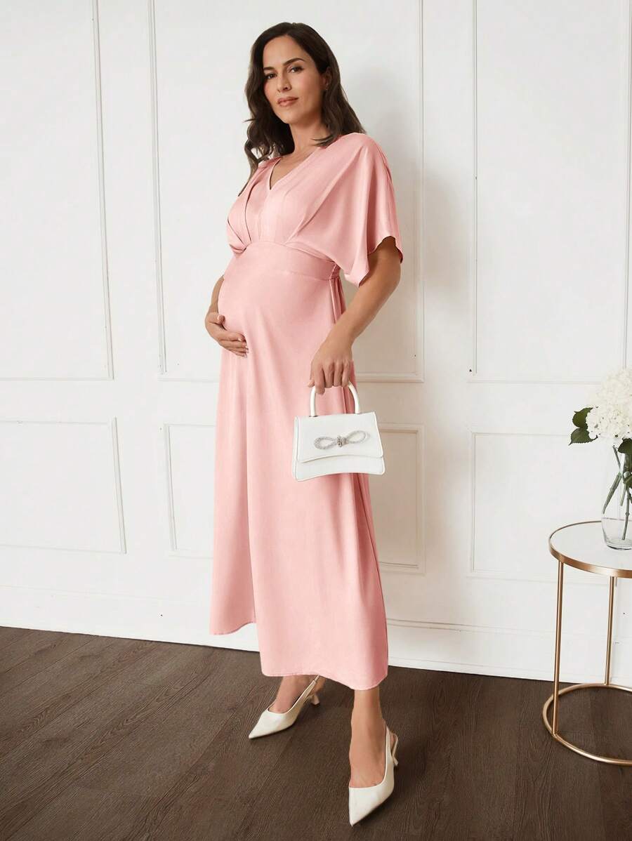 MaterniWear Váy bầu dáng xòe thanh lịch cho nữ MaterniChic, váy bầu dáng rộng màu kaki bán trang trọng - Hồng - Xem 1