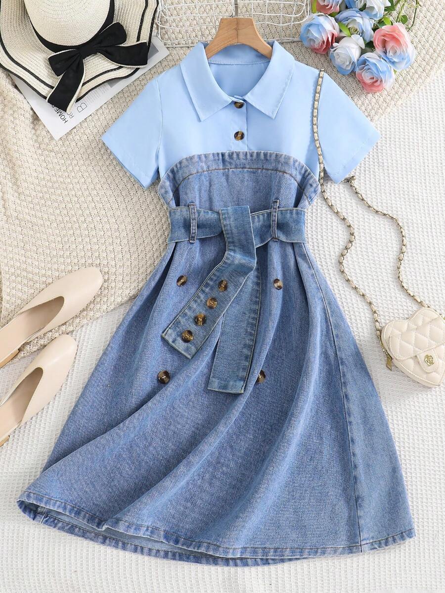 Tween Girls Patchwork Denim 2 In 1 Dress - Teal Blue - View 1