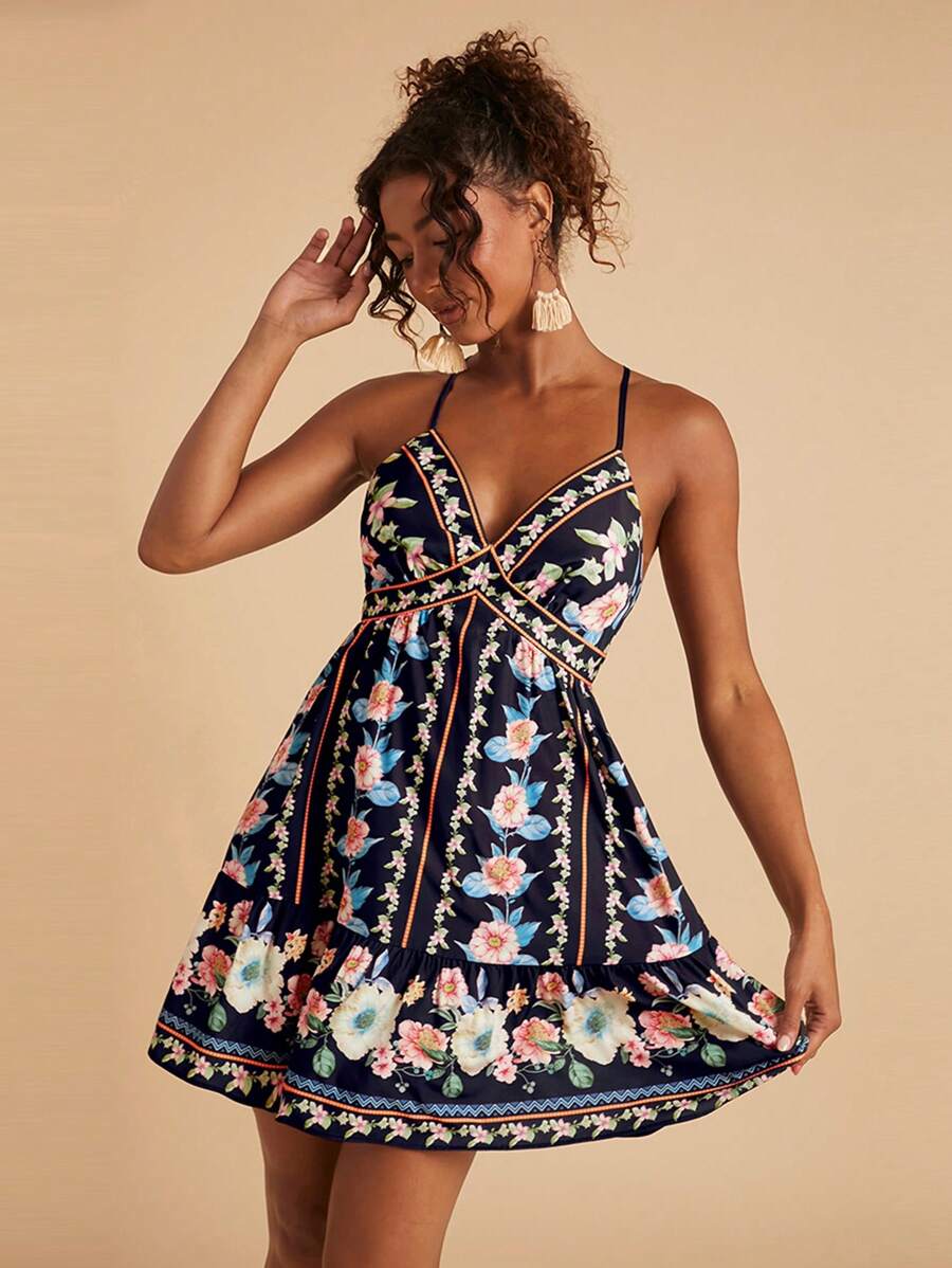 Travachic Vestido de verano casual con estampado floral, tirantes de espagueti y espalda descubierta - Morado - Ver 1
