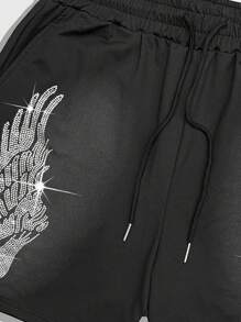 ROMWE MEN Street Life Men's Summer Casual Rhinestone Wing Shorts - Black - View 4