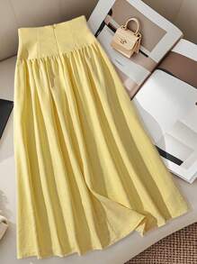 Seusyu Women's Modest Versatile Yellow Bowknot Tie Waist Slimming High Waist Skirt Fall Cloth For Women