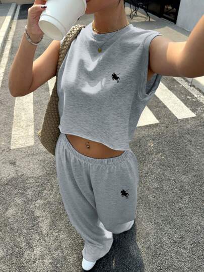 Muchica Conjunto de top corto de cuello redondo y pantalón de pierna recta suelto y casual para mujer, adecuado para el verano y el uso diario, con estampado de logo de caballo