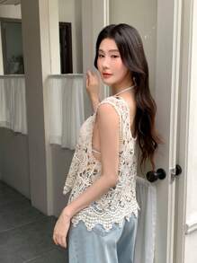 Celisse ملابس علوية علوي كروشيه مجوف بسيط، موضة الربيع والصيف - لون مشمشي - مشاهدة 6