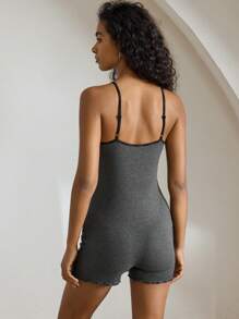 Ocili Leisure 1pc Women Ribbed Cotton Splice Round Hem Soft Pajamas Jumpsuit, Loungewear - Dark Grey - View 2