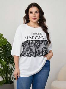 Lacomfia Biały kontrastowy panel, damska koszulka z krótkim rękawem w dużym rozmiarze - Biały - Zobacz 6