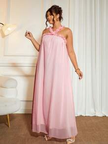 Cravure Plus Size Women's Solid Color 3D Floral Trim Adjustable Spaghetti Strap Flared Romantic Elegant Dress, Summer