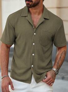 Manfinity Homme 男士休闲纯色短袖衬衫，夏季 - 軍綠色 - 查看 4