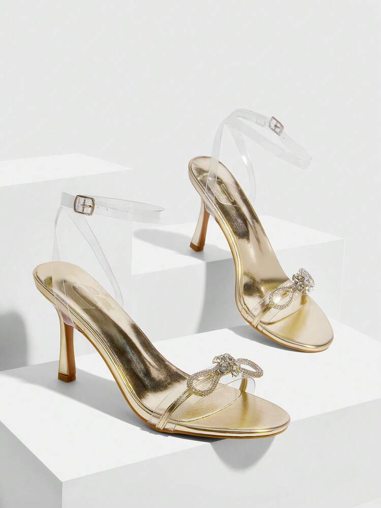 CUCCOO SZL Women's Gold Metallic PU & Silver Bow Crystal Decor Elegant Sexy Nightclub Party Fashion Round Toe Ankle Strap High Heel Sandals