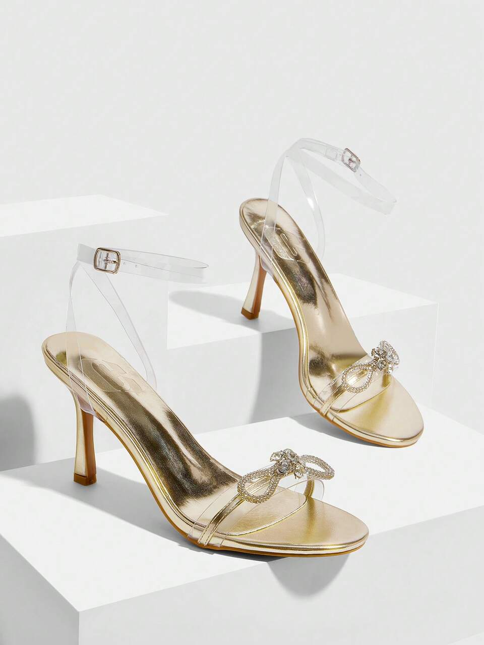 CUCCOO SZL Women's Gold Metallic PU & Silver Bow Crystal Decor Elegant Sexy Nightclub Party Fashion Round Toe Ankle Strap High Heel Sandals
