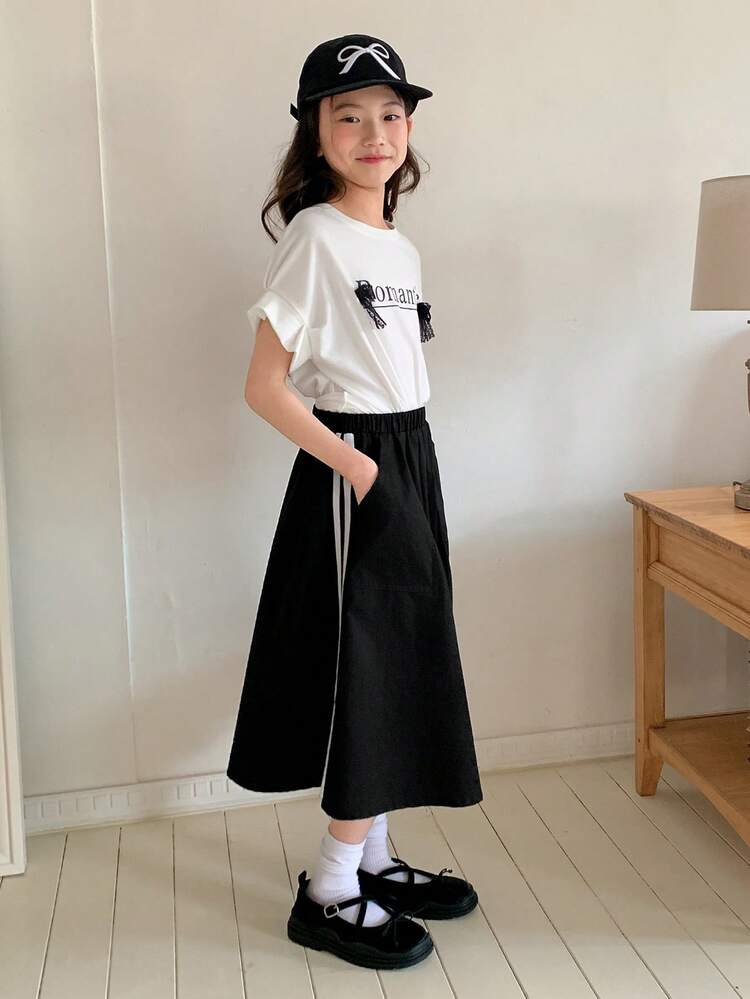 Kids Fall Clothes Girls Casual T-Shirt & Bow Decor Top & Knee Length Skirt Set, Street Chic Style