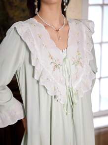 PalaceNights Floral Embroidery Patchwork Retro Palace Style Women's Camisole Nightgown And Robe Sets, Fall Clothes - Mint Green - View 5