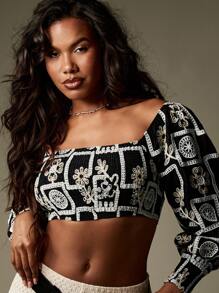 MISSGUIDED توب أكمام طويلة مربع الرقبة مطرز ملابس علوية قصير أكمام منفوخة زهور حفلات المساء المهرجان النادي الأزياء البوهيمية - الأسود - مشاهدة 4