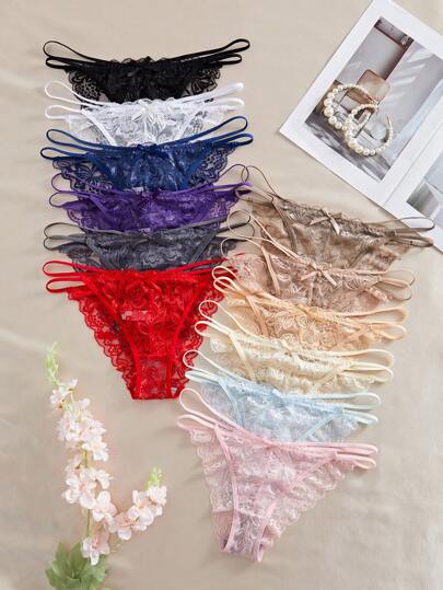 SHEIN 12pcs/Set Lace Sexy Women's Bikini Panties, Simple & Comfortable Romantic Underwear