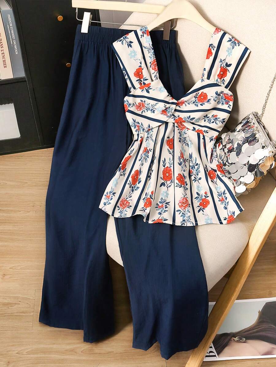 INAWLY Women Woven Floral Print Casual Romantic Elegant 2 Pieces Set, For Vacation Brunch Vacation Orange Navy Blue Summer - Navy Blue - View 1
