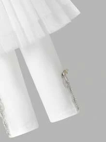 1 Pc Tween Girls Fashion White Leggings With Lace Skirt Decor,Elastic Waist 3/4 Length Knit Tights For Dance,Photo Shoots,Travel & Daily Wear,Autumn - White - View 5