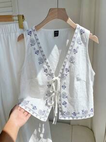 Comfortcana Summer Bohemian White Woven Print 2-Piece Outfit ,2 Piece Cotton Sets Women ,Summer Pants Sets
