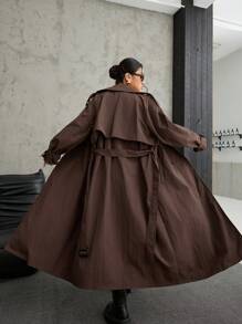 SHEIN EZwear Plus Size Brown Long Trench Coat For Early Autumn Brown Trench Coat Long Brown Coat Winter Fall