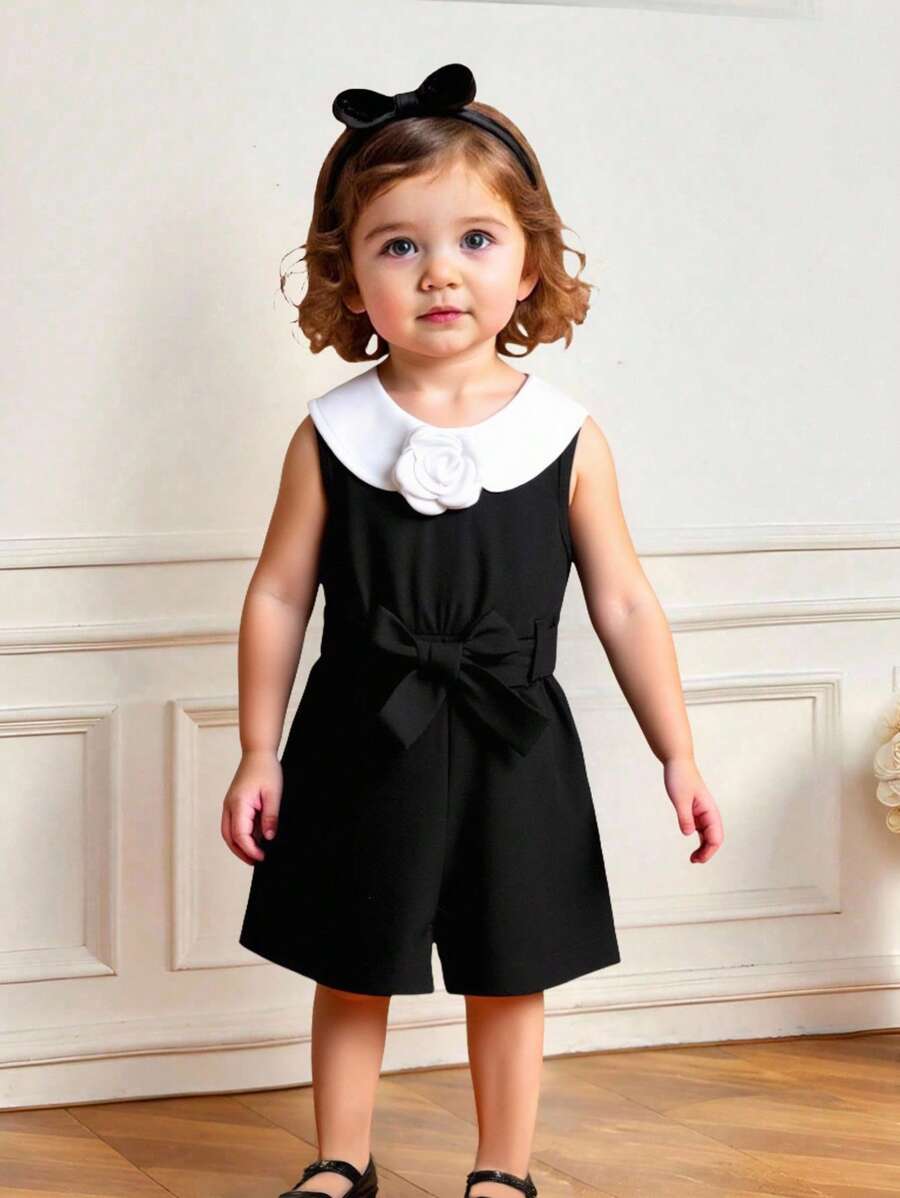 Baby Girls' Elegant Two-Tone Peter Pan Collar Floral Decor Romper, Summer - Black - View 1