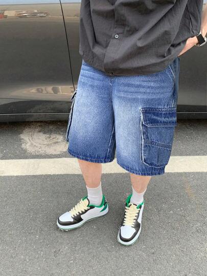 SHEIN Teen Boy Fashion Casual Blue Multi-Pocket Tooling Design Loose And Wide Legs Comfortable Short Jeans For Teen Boy Clothes Boys Soft Dailywear And Teen Boy Summer And Spring Clothes