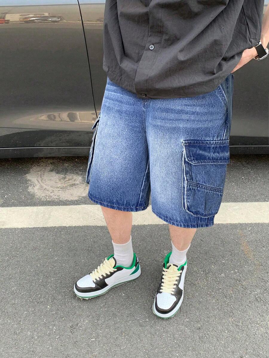 SHEIN Teen Boy Fashion Casual Blue Multi-Pocket Tooling Design Loose And Wide Legs Comfortable Short Jeans For Teen Boy Clothes Boys Costume Dailywear And Teen Boy Summer And Spring Clothes