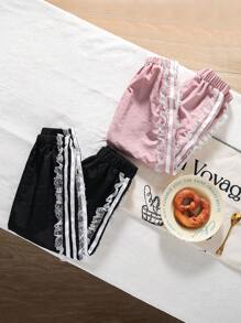 2pcs/Set Young Girl Fashionable Striped Ruffle Hem Casual Long Pants - Multicolor - View 5