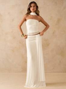 SHEIN BAE 2 件套女士粉色褶皱抹胸短款上衣和低腰褶皱抽绳长裙，海滩度假装，夏季波西米亚露背连衣裙，音乐节连衣裙，伴娘 2 件套