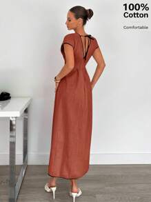 Siren Gaze Women's Summer Cotton Comfortable Waist Cinched Contrast Trim Maxi Linen Dress Elegant Christmas Evening Dress - Redwood - View 2